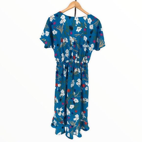 J Crew Mercantile Blue Floral Short Ruffle Sleeve. Faux Wrap Surplice Midi Dress - Picture 9 of 11